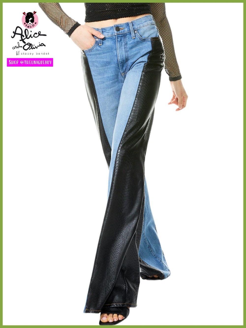 Alice + Olivia Max Vegan Leather Denim Jeans Combo Wide Leg Blue Black Pant